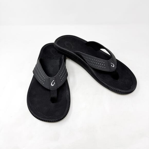 [Olukai] Black Ulele Flip Flop Sandals Beach Slip On Rubber Soles Men's Size 11 - Picture 1 of 12